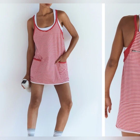 NWOT Free People FP Movement Hot Shot Printed Mini Dress Stripe Grapefruit - M - Picture 2 of 9